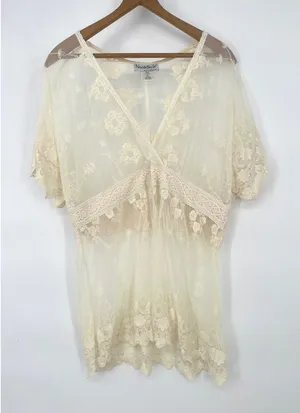 NorthStyle Women XL Ivory Sheer Mesh Lace Tunic Top Boho Romantic Fairy Ethereal thumbnail 1