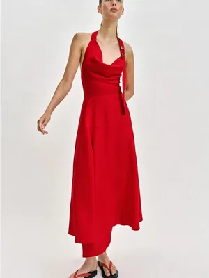 Zara Red Linen Blend Halter Midi Dress Size S Cowl Neck Tortoiseshell Buttons thumbnail 2