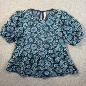 Dolan Women's Medium Blue Floral Lace Peplum Puff Sleeve Top Blouse Sheer thumbnail 1