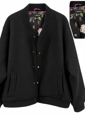 Well Worn Black Bomber Jacket size large fall coat feminine preppy gift varsity thumbnail 3