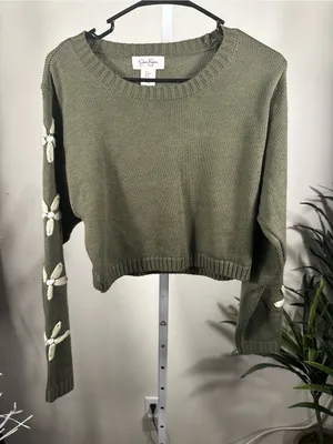 N288. Jessica Simpson Olive Green Cropped Knit Sweater with Floral Sleeve Detail thumbnail 1