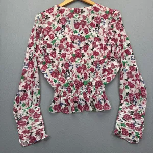 MISA Los Angeles Floral Smocked Peplum Top Pink‎ White V-Neck Long Sleeve Medium thumbnail 9