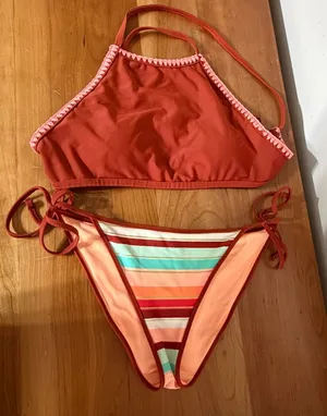 Aerie Bikini Set Rust Orange High Neck Crochet Top M Striped Side Tie Bottoms L thumbnail 1