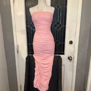 Blush Pink Pearl Ruched Midi Dress – Bodycon Fit – Spaghetti Straps thumbnail 6