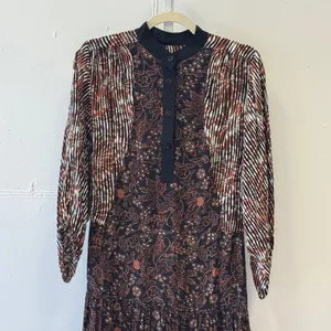 Warm NY Mixed Print Silk Viscose Midi Dress Brown Floral Stripe Size 0 Boho Fall thumbnail 3