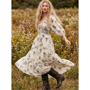 Free People Bohemian Billowy Ethereal Floral Golden Hour Maxi Dress Ivory Large thumbnail 13