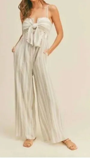✨MIOU MUSE sailor striped tie front jumpsuit in beige Sz Medium✨ White thumbnail 1
