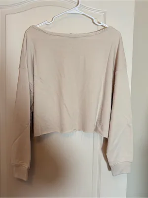 Zenana Cropped Raw Edge Boat Neck Sweatshirt Top Size Large Tan thumbnail 2
