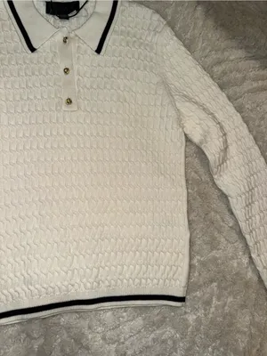 NWOT Zara Cream Knit V-Neck Polo Sweater with Black Trim thumbnail 3