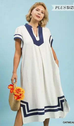 New! Umgee Linen Cotton Contrast Neckline Midi Contrast Trim Plus Size Dress XL thumbnail 1