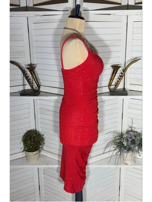 Shiny sparkle red dress ruched midi bodycon padded bra cocktail homecoming NWOT thumbnail 3