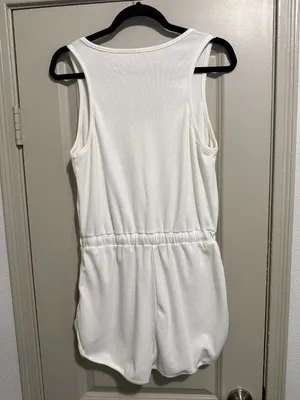 Womens Summer Crew Neck Sleeveless Jumpsuit Adjustable Waist Short Romper White thumbnail 2