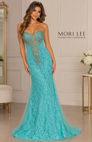 Mori Lee Turquoise Beaded Lace Mermaid Prom Dress | Size: 2-4 thumbnail 1
