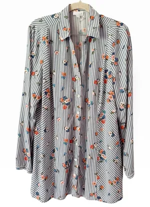 J. Jill Blue Striped Floral Button Front Tunic Top Size Large thumbnail 1