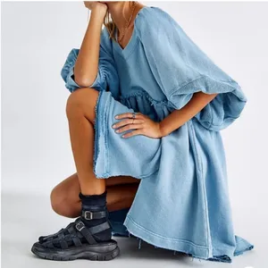 Free People Sunchild Babydoll Light Blue Tunic Sweatshirt Dress thumbnail 1