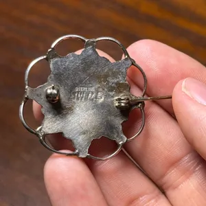 Vintage‎ Navajo Sterling Silver Turquoise Cluster Brooch Pin JW MS Signed 1.5in thumbnail 4