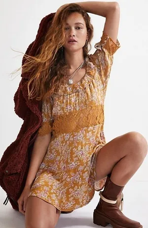 NEW Free People Lucie‎ Mini Dress in Brown Multi Size 8 thumbnail 1