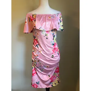 Pink Floral Off Shoulder Ruffle Ruched Bodycon Dress M boho Y2K whimsi dainty re thumbnail 2