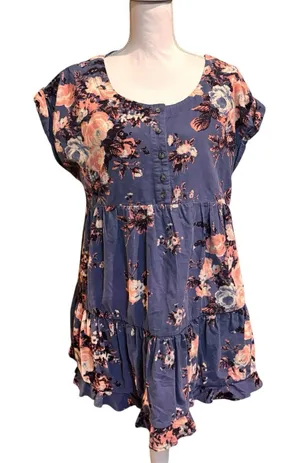 Free People Blue Floral Corduroy Babydoll Tunic Dress Button Front‎ Size Medium thumbnail 1