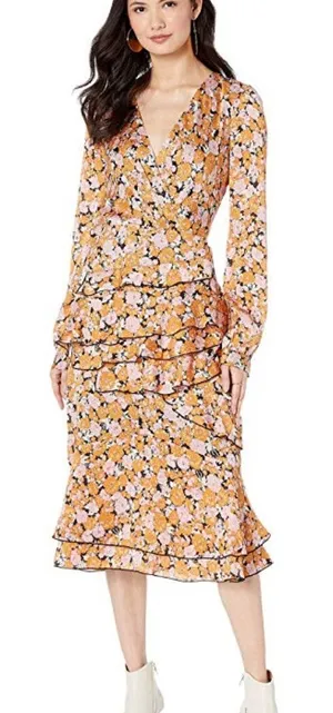 Wayf Orange Floral Ruched Ruffle Long Sleeve Midi Dress Sz S thumbnail 1