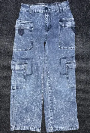 Madden Girl Cargo Skater Wide Leg Jeans Acid Wash Blue Denim Utility XS Grunge thumbnail 1