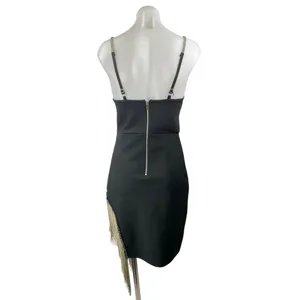Women's Black Sleeveless V Neck Gold Fringe Beaded Cami Mini Bodycon Dress Sz M thumbnail 4