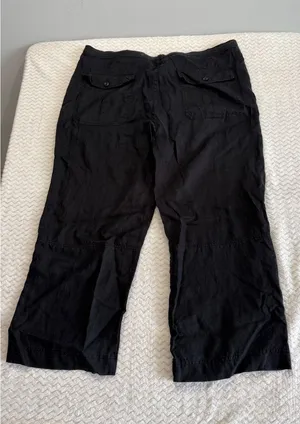Perry Ellis Black 100% Linen Cropped Wide Leg Drawstring Pants Womens Large thumbnail 1