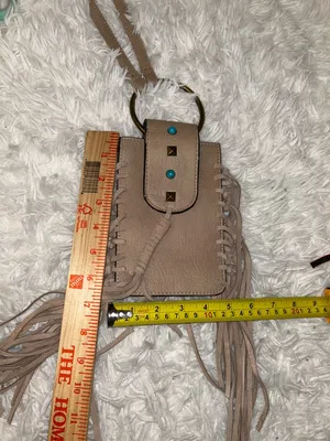 Mudd Faux Leather Taupe Cell Phone Crossbody Bag Studded Fringe O-ring handle thumbnail 5