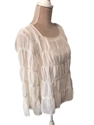 Madewell Tiered Smocked Chiffon White Blouse women’s Size M Top Square Neck New thumbnail 5