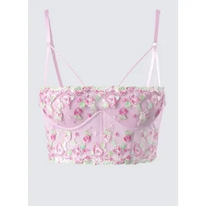 Fairycore Coquette Pink Green Floral Embroidered Corset Top Finesse Olivia M thumbnail 2