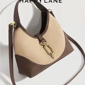 Happy Lane Two-Tone Hobo Shoulder Bag Suede Brown Beige Gold Hardware NIP thumbnail 7