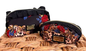 Betsey Johnson 2pc Cosmetic Bag Set Floral Leopard Ruffle Black Red Gold Rose thumbnail 1