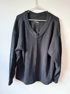 Aerie Waffle Knit Black V-Neck Ribbed Sweater Sweatshirt Black Size M Oversize thumbnail 1