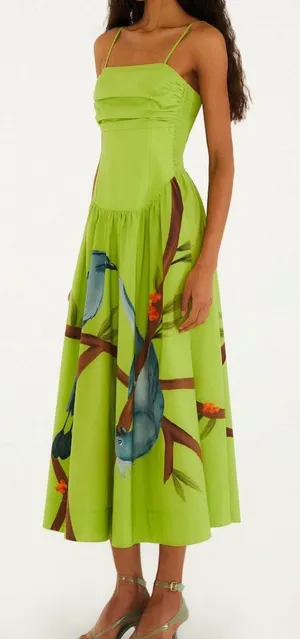 NWT FARM RIO Green Birds Smocked Maxi Dress thumbnail 1