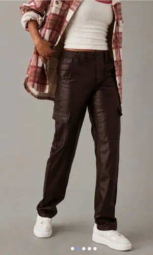 American Eagle Outfitters stretch high waisted vegan leather straight cargo pant thumbnail 1