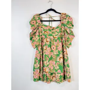 Misa Dress Green Kate Mini Ruched Puffed Floral Pintuck Tie Back A Line Boho XS thumbnail 6