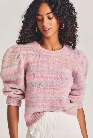 LoveShackFancy Aquarius Pullover Chunky Knit Sweater Pink Cloud Puff Sleeve sz M thumbnail 1