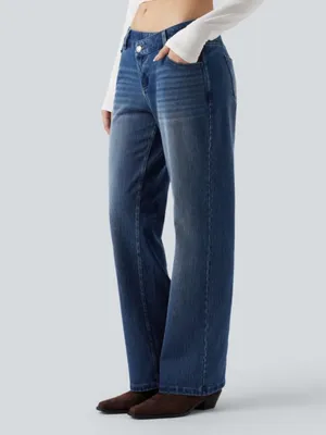 NWOT Halara Dark Wash Flex Asymmetric Low Rise Straight Leg Jeans thumbnail 3