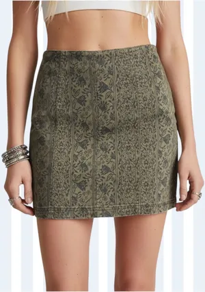 Free People NWT Sz 0(XS) Modern Femme Denim Mini Skirt Olive Black Floral thumbnail 3
