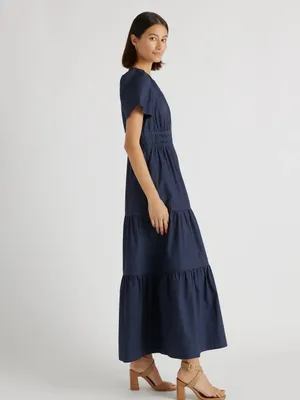 Quince 100% Organic Cotton Poplin Tiered Maxi Dress Navy Blue Size L thumbnail 4