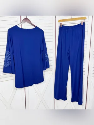 Soft‎ & Cozy Loungewear Embroidered Sleeve Wide Leg Pants Set Blue Small thumbnail 8
