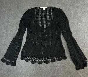 Bette Paige Black Crochet Cardigan XL Bell Sleeve Scallop Hem Boho Whimsigoth thumbnail 1