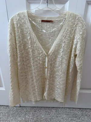 Belldini Open Knit Cable Cardigan Sweater V-Neck Gold Button Cream Ivory thumbnail 1