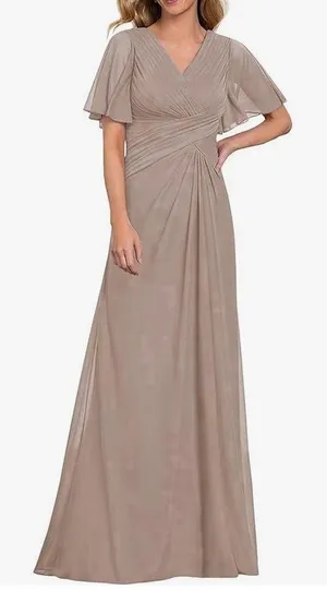 Mother of The Bride Dress V Neck Ruffle Sleeves Ruched Pleated Chiffon thumbnail 1