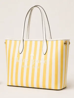 Kate Spade Yellow Stripe Large Tote Canvas Leather Trim NWT thumbnail 1
