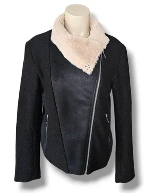 Love Tree Faux Fur Trim Biker Jacket Women Large Black‎ Moto Asymmetrical Zip thumbnail 1