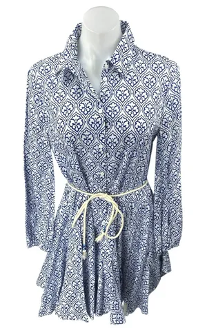 Zara Blue White Long Sleeve Floral Tie Waist Button Down A Line Mini Dress M thumbnail 1