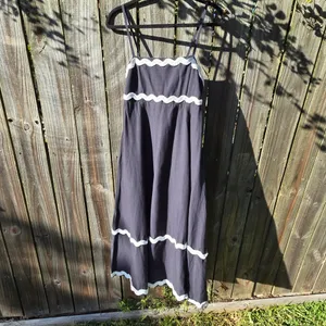 NEW SIM & SAM Linen Blend Navy w/White Trim Tiered Midi Dress M thumbnail 5