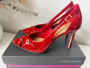 Vince Camuto Red Patent Pointed Toe Strappy Stiletto Heels Y2K Glam Edgy Chic 8M thumbnail 1