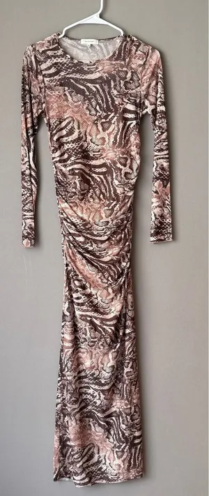 No Comment L‎ Brown Animal Print Mesh Ruched Bodycon Maxi Dress Rave Festival thumbnail 1